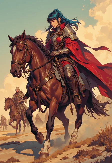 intricate linework with expressive contrasts, soft lighting with dynamic highlights, Impressionistic, ligne claire outlines for clarity and structure, In the style of ff-td, this digital artwork portrays an asian female fantasy knight, crimson plate armour, bangs, long bright blue bioluminescent hair with sidelocks and a high ponytail, riding a cantering horse, with armour protecting its head, at the head of a group of other knights in similar armour, across a dusty plain, golden hour, directional lighting