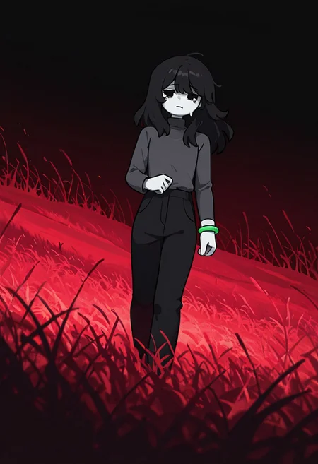 masterpiece, best quality, amazing quality, very aesthetic, absurdres, newest, detailed background, foreground blur, (( cartoon,  )),
charlieemily, 1girl, black hair, long hair, black eyes, dark grey shirt, turtleneck sweater, grey skin, black pants, long sleeves, single green bracelet square hair, square eyes, tears, tears down cheeks, shirt over pants, flat chest, 
red background, red theme, monochrome, red grass, walking, black sky, no trees, empty grass lands, red grass, tall grass, dutch angle, tilted view,