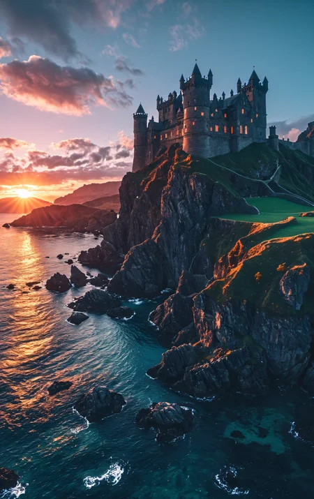 cinematic photo the pristine castle sits on the Scottish cliffs above the expansive ocean view, the dark rocks and bright green grass providing stark contrast to the blue ocean water, the majestic castle catches the viewer's eye with perfect symmetry and intricate details, the sunrise lighting the cloudy skies with a cascade of beautiful colors, amazing hyperrealistic cinematic film still, bold colors and vivid contrasts, uniquely beautiful sunrise . 35mm photograph, film, bokeh, professional, 4k, highly detailed