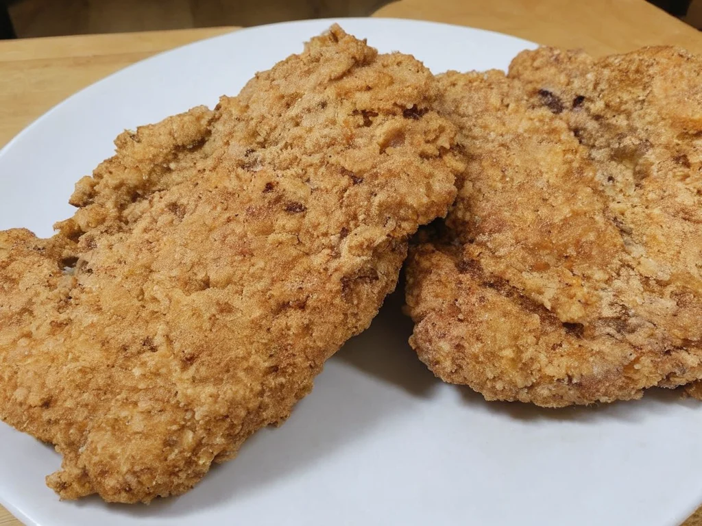 A high-resolution, hyper-realistic image of a deliciously fried chicken cutlet, referred to as G8G. The G8G is golden brown, with a crispy, crumbly coating and tender, juicy meat inside. It's served on a rustic wooden plate, with a side of fresh, colorful vegetables and a dollop of tangy sauce. The scene is set in a cozy, homely kitchen, with all elements in sharp focus, creating a clear and detailed image. The lighting should be warm and inviting, highlighting the appetizing qualities of the G8 and the cozy atmosphere of the setting, <lora:g8:0.7>