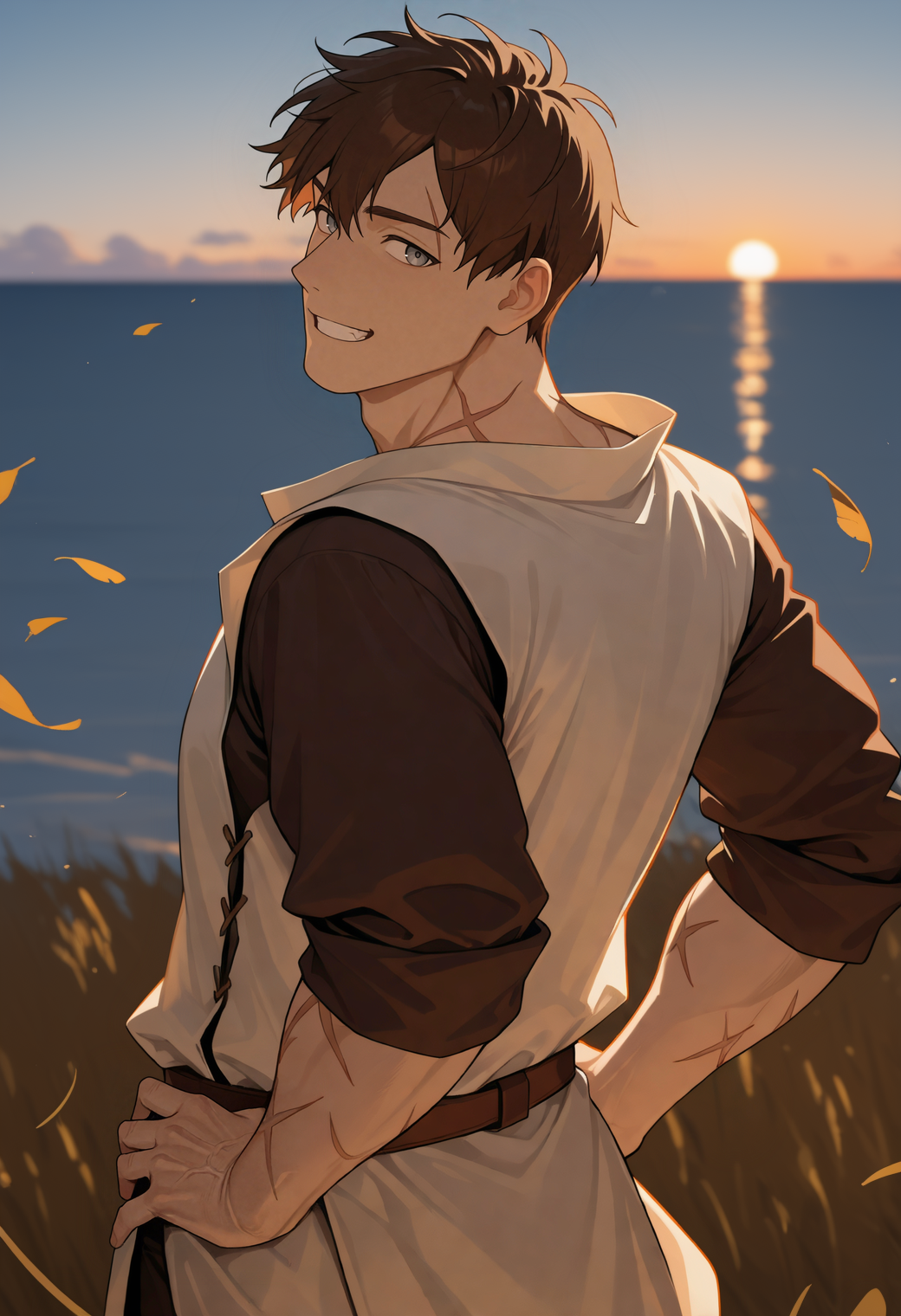 masterpiece,best quality,
1boy,solo,
<lora:noor_NAI_EPS_1_1_CAME_v1_RETAGGED-000010:1>,
n00r,brown hair,short hair,grey eyes,scar across eyebrow,scar on neck,
hands on own hips,backlighting,looking back,looking at viewer,grin,
white tunic,brown shirt,sleeves rolled up,high contrast,
blurry background,outdoors,horizon,sunrise,wind,falling leaves
