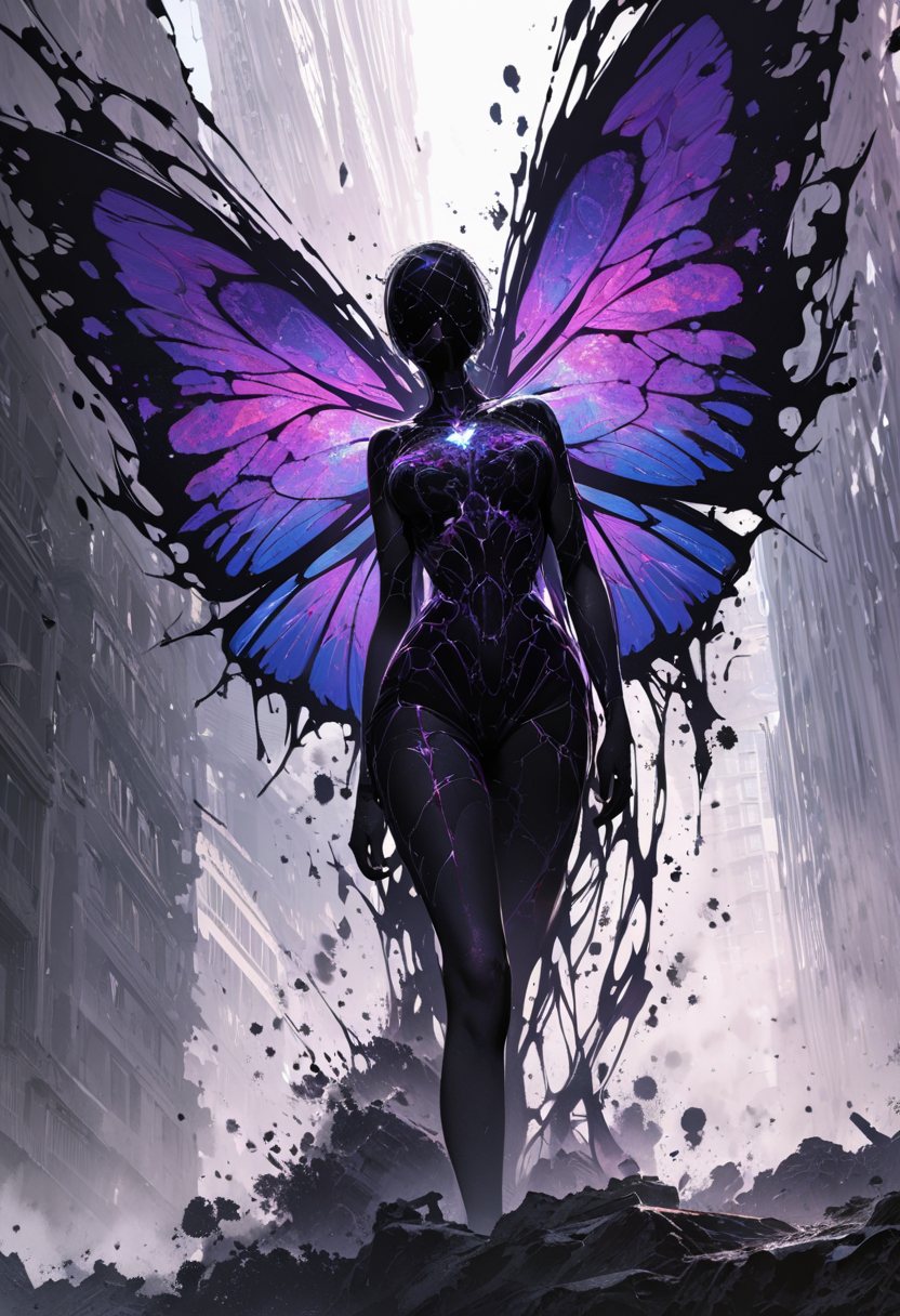 (best quality), [fractal art:0.3], silhouette art, fluid abstract art, psychedelic art, inked, ink splashes, disintegration effect, realistic, post-apocalypse, uncanny, 1butterfly,  no humans, spider web, time paradox, clock eyepatch, tech, bismuth engraving, bioluminescent, ultra highres, absurdres, deep blue theme, light purple tone,