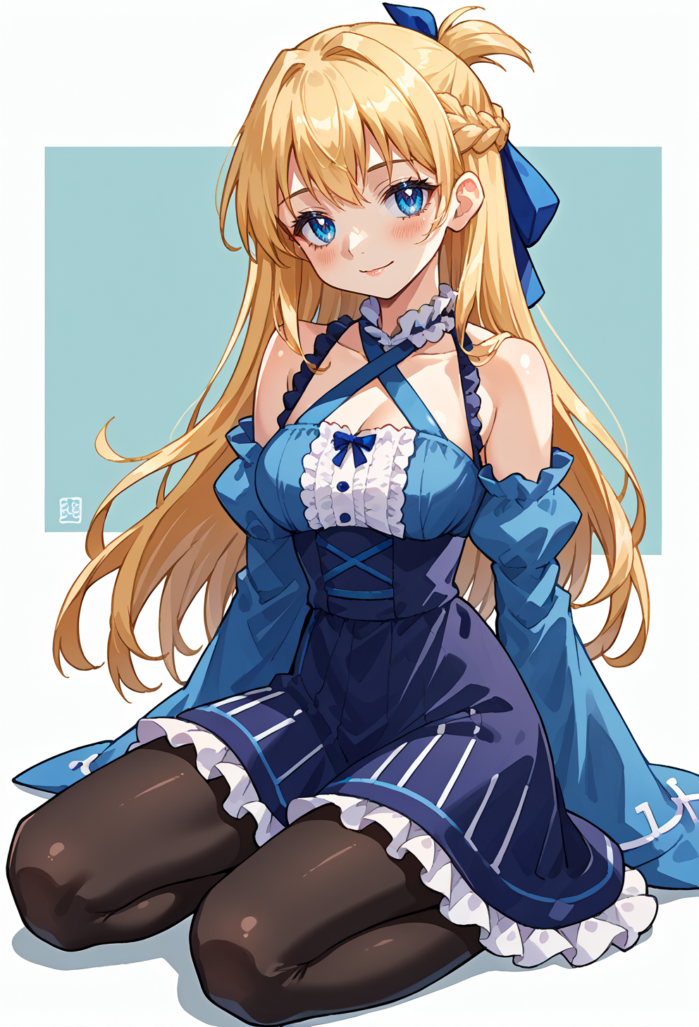 score_9, score_7_up, source_anime, solo, BREAK  <lora:Ikurumi_Kaoru_FORPONY_V2:1> light smile,, <lora:mxmarina:1> mxmarina, french braid, half updo, Hair ribbon, frilled choker, criss-cross halter, sleeveless dress, high-waist skirt, backless dress, blue dress, waist blue bow, detached sleeves, frilled sleeves, wide sleeves, blue sleeves, black pantyhose, patterned legwear, pinstripe pantyhose, mary janes,