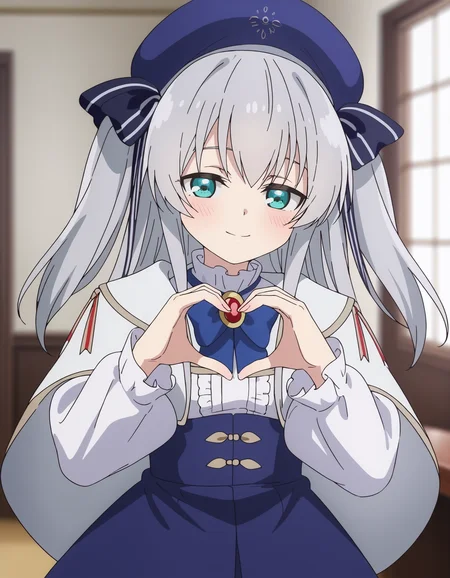 score_9, 1girl, solo,
claire, celia claire, aqua eyes, grey hair, long hair, two side up, small breasts, <lora:seirei_gensouki_-_ celia_claire:1>
blue headwear, beret, brooch, blue bowtie, white capelet, white shirt, long sleeves, high-waist skirt, blue skirt,
looking at viewer, hands up, heart hands, from side,
blush, smile, half-closed eyes,
indoors, blurry background, depth of field,
