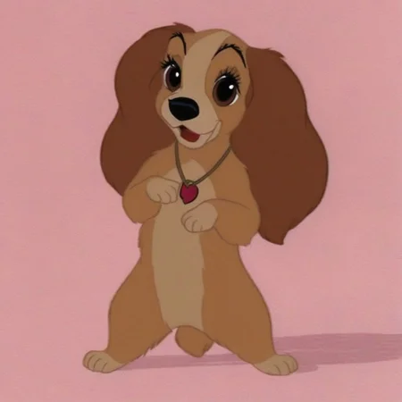 lady \(ladyandthetramp\), dark brown ears, light brown body, beige belly, cocker spaniel, semi-anthro, fluffy fur, standing upright, looking directly at viewer, slightly mischievous, (pose:1.2), (((holding one paw up to its fluffy  ear))), (((playing with hair))), large, expressive eyes, detailed paws, (((standing on two legs))),(((front view))), (((pampering self))), (((looking at viewer))), (((flirty))), (((eyelashes))), ((((((string necklace with pink heart pendant)))))), solo, (((happy))), (((sweet))), (((smiling))), (((loving))), (((open mouth))), (((full body view))), (((half-open eyes))), detailed fur, pink background, detailed face