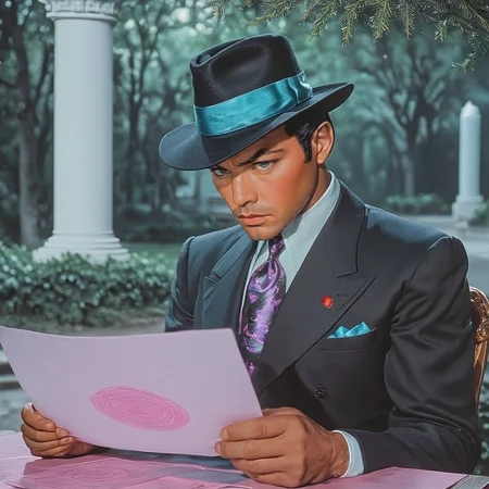<lora:40sTechnicolorCyberpunkSDXL:1> ArsMovieStill, movie still from a technicolor 1940s cyberpunk film, The image shows a man in a suit and hat sitting at a table holding a piece of paper in his hands. In the background there is a tree and a pillar creating a peaceful atmosphere., 1boy, male focus, hat, necktie, solo, formal, black hair, suit, shirt, blurry background