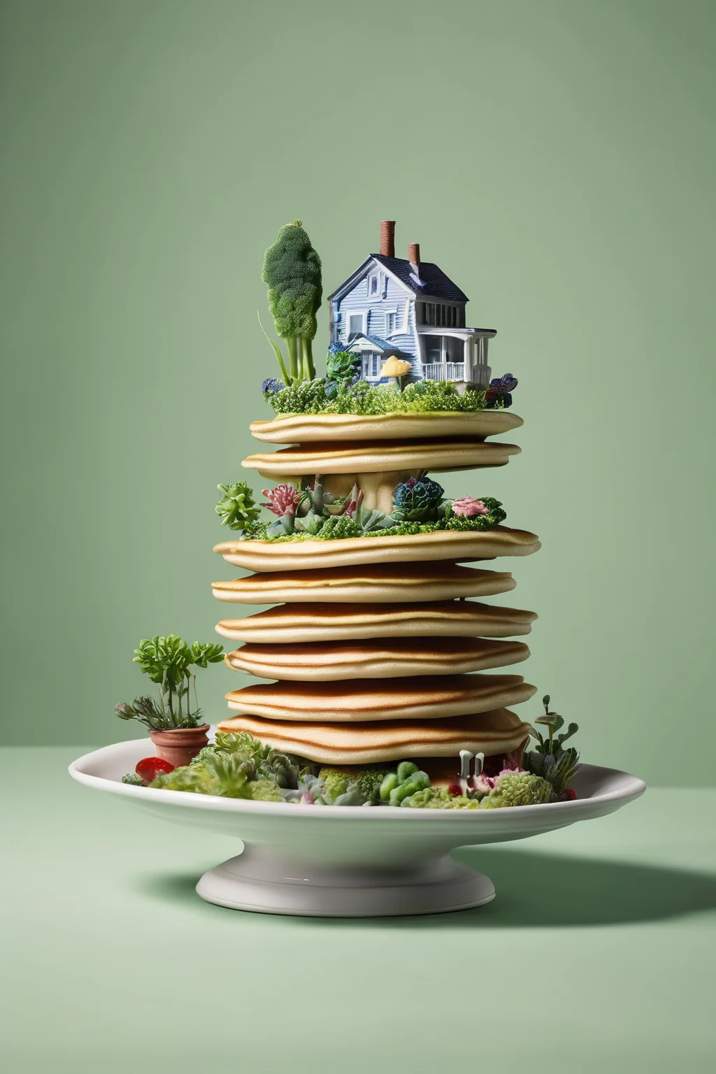 <lora:Surreal Plate:1>Surreal Plate - a plate with a miniature garden growing atop a stack of pancakes