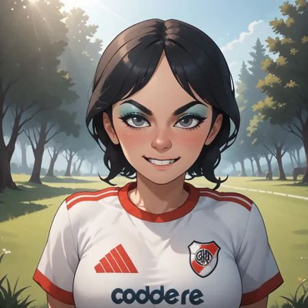 score_9, score_8, BREAK, solo, mii, wii, black hair, big nose, half-tree shaped nose, gray eyes, black eyebrows, makeup, blue eyeshadow, blush, buck tooth, RiverPlate, striped shirt, striped, shirt, white shirt, short sleeves, clothes writing, sportswear, soccer uniform, black leggings, big breasts, 1girl, wii sports, female mii, shoes, Eva_(\Wii_Sports\), Nintendo Mii, modern_mii, classic_mii, attractive, sexy pose, self portrait, smile, outdoors, sunlight, shadows, evening lighting, natural lighting, forest, trees, grass, orange sky, sunset