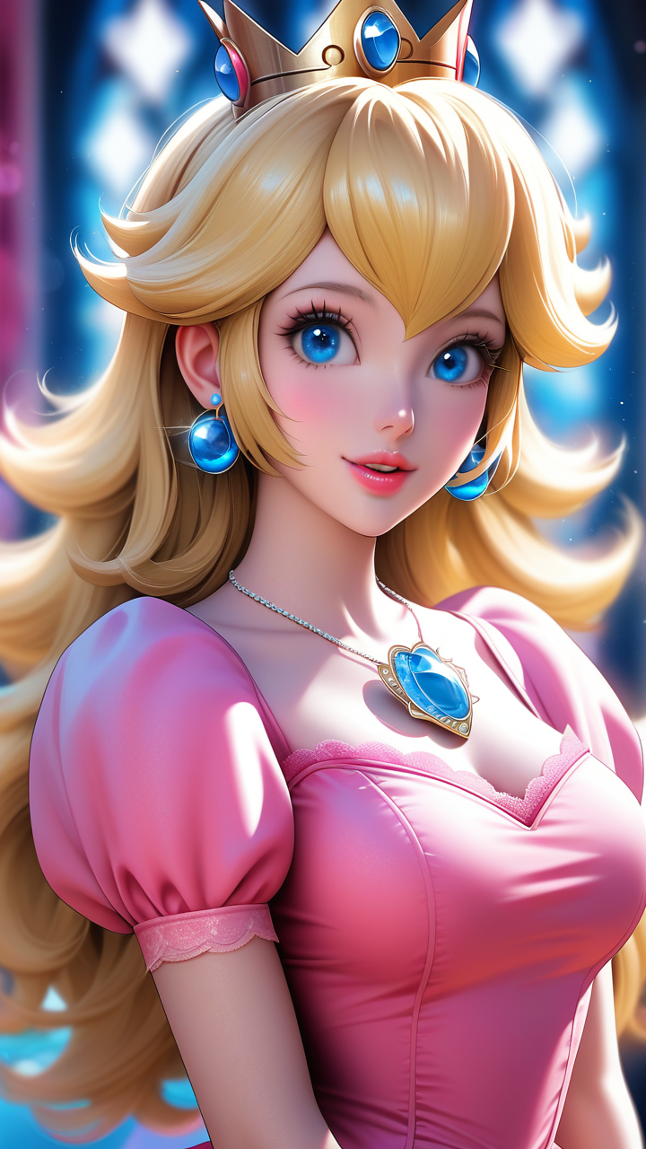 1girl, solo, long hair, breasts, looking at viewer, smile, bangs, blue eyes, blonde hair, dress, jewelry, medium breasts, upper body, short sleeves, earrings, parted lips, blurry, lips, eyelashes, blurry background, crown, gem, pink dress, blue gemstone, princess peach