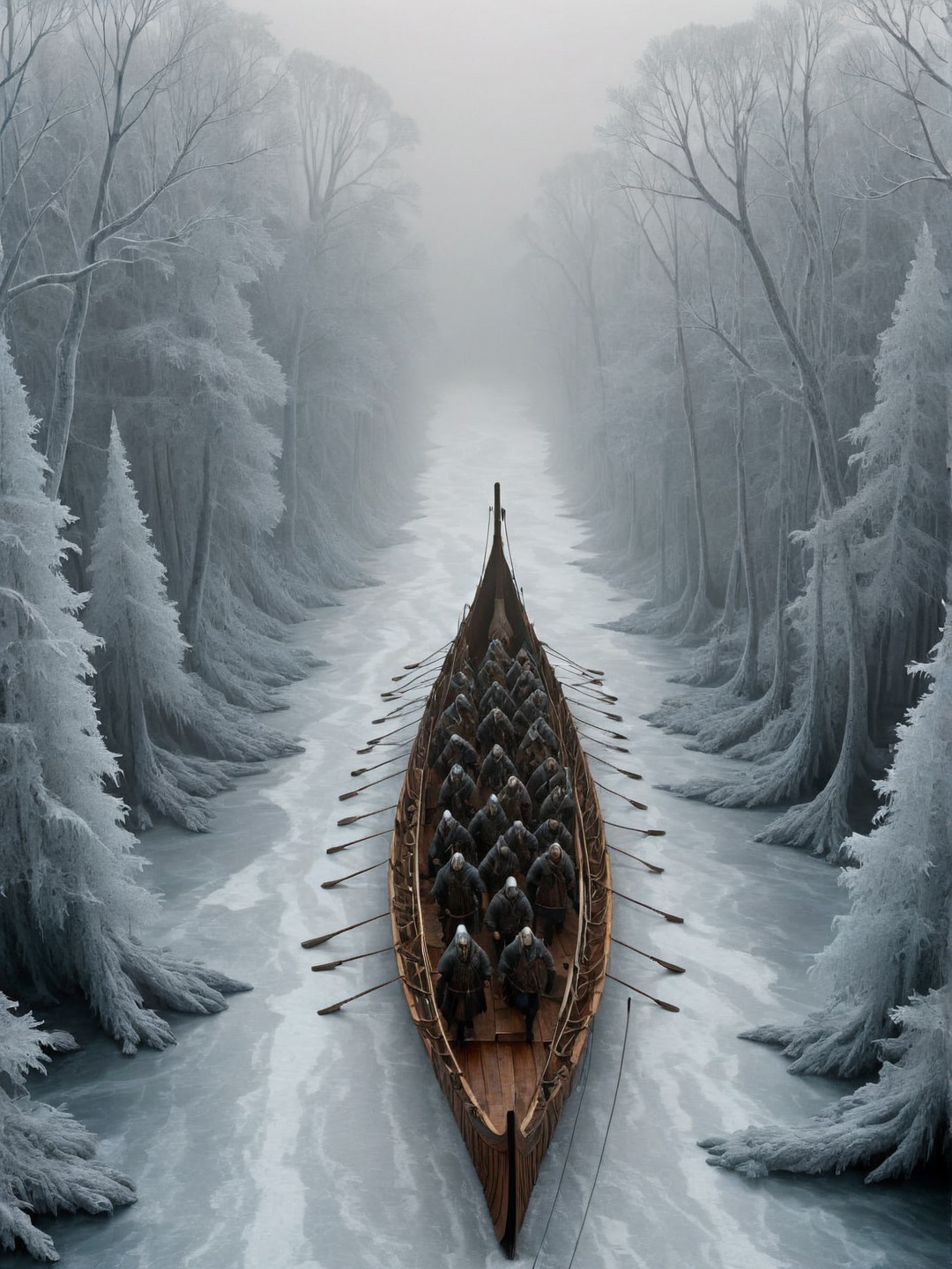top-down view of warriors on board Viking ship on a dark river in a frozen forest landscape, freezing fog, arctic foxes, chiaroscuro, intricate, crisp lines, cs-h0rsey-01-1000 <lora:Viking_Ship:1>