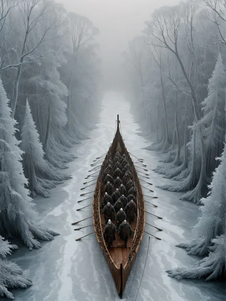 top-down view of warriors on board Viking ship on a dark river in a frozen forest landscape, freezing fog, arctic foxes, chiaroscuro, intricate, crisp lines, cs-h0rsey-01-1000 <lora:Viking_Ship:1>