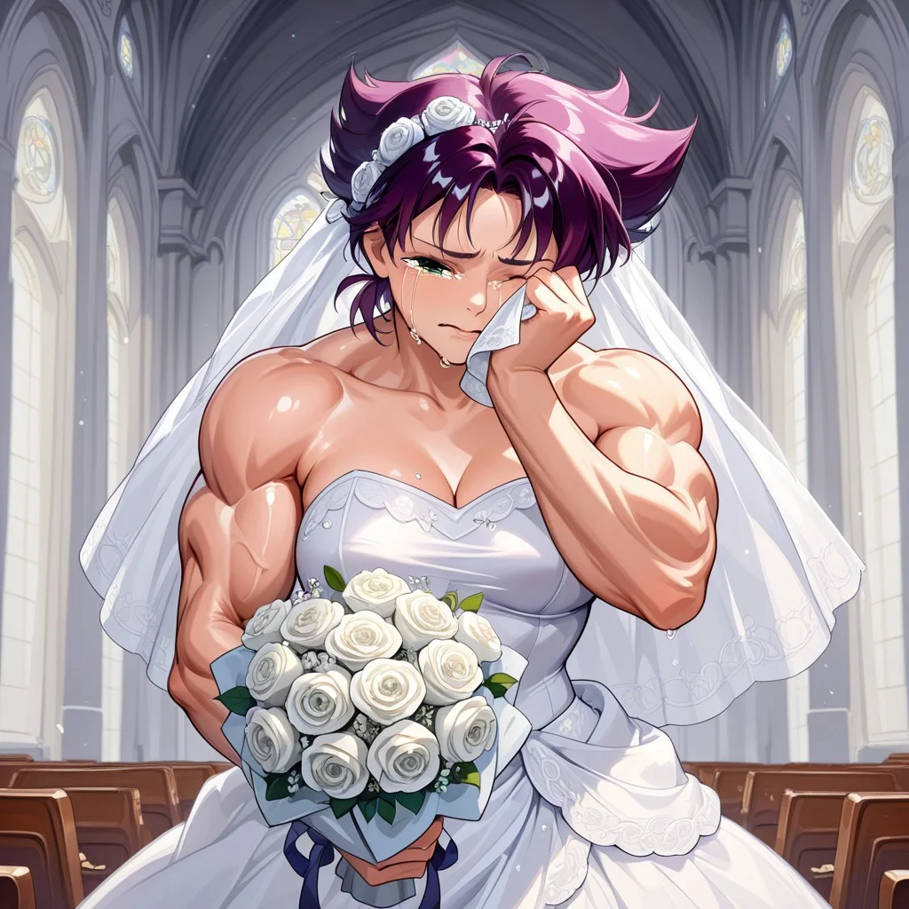 Konoko, 1 girl, short, messy, spiky purple hair, green eyes, athletic and muscular
Konoko wearing a wedding dress while crying a little and smiling. Wiping away tears with one hand, one eye closed. She holds a bouquet of white roses. A church in the background.