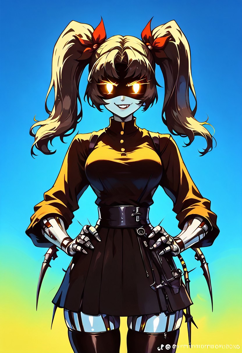 score_9, score_8_up, score_7_up, OverallDetail, BREAK solo, 1girl, solo, Robot, Visor, twin tails, yellow neon eyes, smile, monochrome, big breasts, black suit, yellow shirt, skirt, thigh highs, standing, wide hips, hands in hips, smug, BREAK robotic tail, <lora:V2_Pony_Fantasy_Knights_-_By_HailoKnight:0.95> hkstyle, score_9, score_8_up, score_7_up, simple background, dark and blue background, vibrant colors, colorful, metal skin, chromecore, bright, dark vibes, dark fantasy, monochrome, gradient