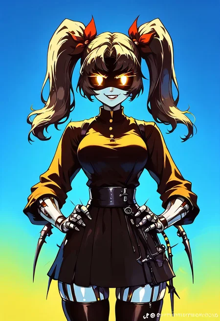 score_9, score_8_up, score_7_up, OverallDetail, BREAK solo, 1girl, solo, Robot, Visor, twin tails, yellow neon eyes, smile, monochrome, big breasts, black suit, yellow shirt, skirt, thigh highs, standing, wide hips, hands in hips, smug, BREAK robotic tail, <lora:V2_Pony_Fantasy_Knights_-_By_HailoKnight:0.95> hkstyle, score_9, score_8_up, score_7_up, simple background, dark and blue background, vibrant colors, colorful, metal skin, chromecore, bright, dark vibes, dark fantasy, monochrome, gradient