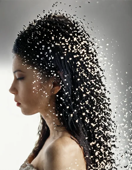 cinematic still dispersion effect, fflixdisp, 1girl, black hair, profile, long hair, closed eyes, simple background, upper body, grey background, closed mouth, lips, portrait, white background, realistic, bare shoulders
<lora:dispersion:.95>
<lora:FILM_PHOTOGRAPHY_STYLE:0.25> film photography style, light grain, medium grain, heavy grain . emotional, harmonious, vignette, highly detailed, high budget, bokeh, cinemascope, moody, epic, gorgeous, film grain, grainy