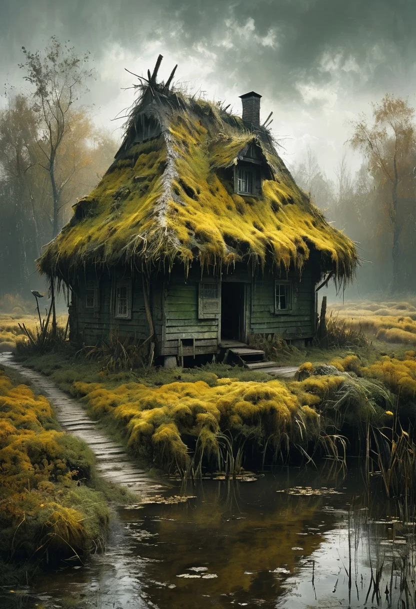 (masterpiece, best quality, hyper detailed, ultra realistic, 32k, RAW photo) old hut in the swamp in green, dark yellow and gray, realistic, perfect composition and chiaroscuro by Rembrandt, concept art, by Jarek Kubicki, Style-Autumn