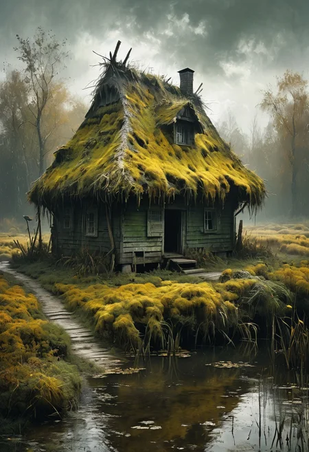 (masterpiece, best quality, hyper detailed, ultra realistic, 32k, RAW photo) old hut in the swamp in green, dark yellow and gray, realistic, perfect composition and chiaroscuro by Rembrandt, concept art, by Jarek Kubicki, Style-Autumn