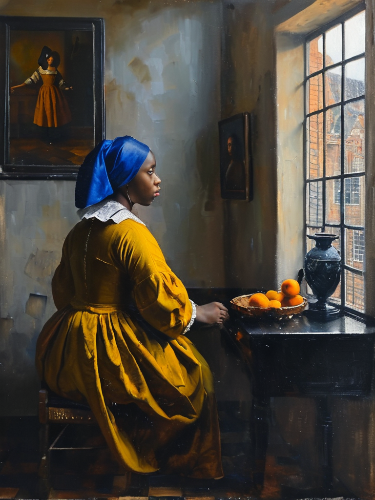 masterpiece,best quality,<lora:tbh122-sdxl:0.9>,portrait of man,oil painting,style of Jan Vermeer,black girl,
