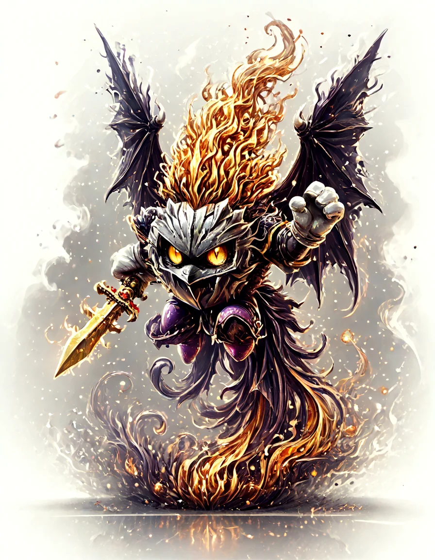 score_9, score_8_up, score_7_up, score_6_up, solo, Metaknight, (cute:1.1), Bat wings, Yellow eyes, white gloves, purple footwear, action pose, sword, thick lineart, (flamestyle:1.1), full body view, sfw, masterpiece<lora:KirbyJP:1> <lora:Flame Style:1> <lora:Metaknight-03:0.8>
