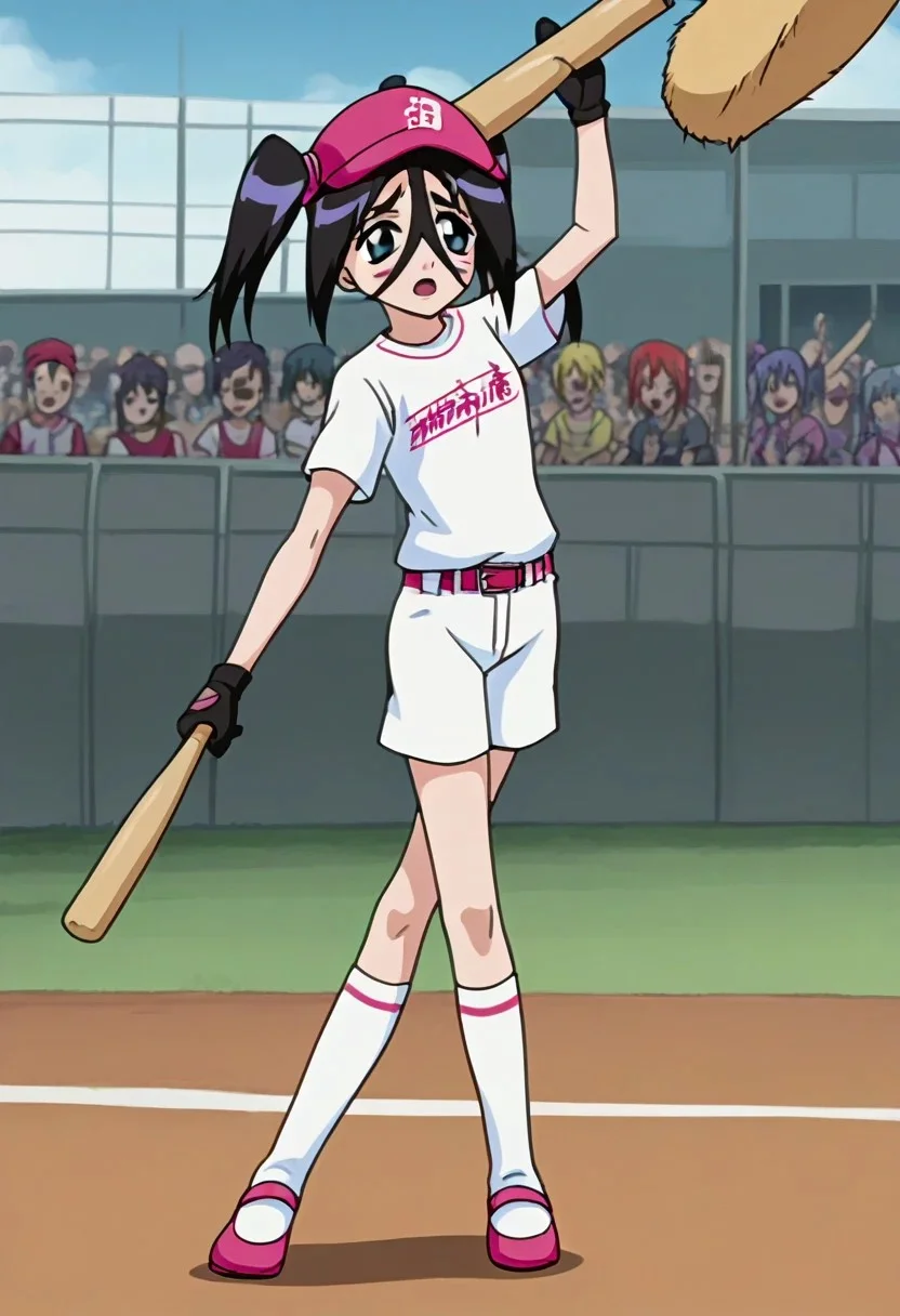<lora:Ururu_Tsumugiya:0.7>, Ururu Tsumugiya, Park background, playing baseball, baseball bat, focused, (baseball gloves red white and blue), Baseball player up to bat, large crowd in stadium,batting stance