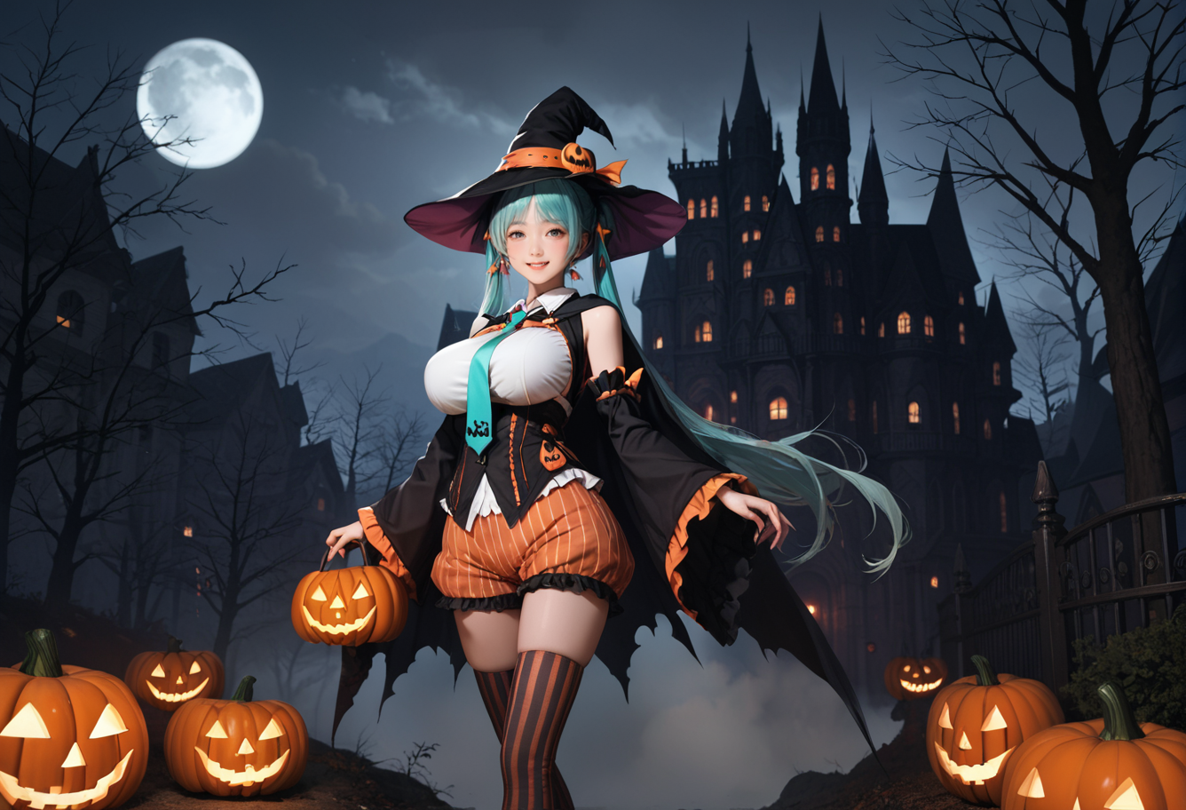 ,ruanyi1063,bare tree,castle,fog,night,dark,moon,
1girl,flying witch,jack-o'-lantern,bat \(animal\),,ruanyi1053,aqua necktie,cape,detached sleeves,frills,halloween costume,jack-o'-lantern,vertical-striped thighhighs,vertical-striped shorts,wide sleeves,<lora:1063 castle_v1_pony:0.7>,<lora:1053 halloween costume_v1_pony:0.7>, score_9, score_8_up, score_7_up, score_6_up, score_9, score_8_up, score_7_up, score_6_up source_anime, blush, 1girl, seduce smile, perfect body , natural huge breasts