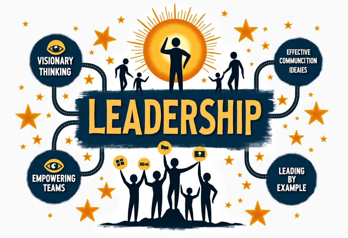 A striking and empowering analograffiti illustrating the concept of Leadership, with "LEADERSHIP" boldly displayed at the center in dynamic, authoritative lettering. Branching out are distinct paths, each representing a key quality. "Visionary Thinking" is symbolized by an eye with a light bulb inside, radiating beams of light, representing insight and foresight. "Inspiring Others" is shown with a group of smaller figures following a larger, leading figure, all walking towards a radiant sun. "Effective Communication" features a network of interconnected speech bubbles, illustrating the flow of ideas. "Empowering Teams" is depicted with hands lifting each other, showing support and collaboration. "Leading by Example" is represented by a figure standing tall on a pedestal, shining like a beacon. The overall composition is dynamic and motivational, using strong, contrasting colors like gold, blue, and white to convey authority, inspiration, and positive influence.