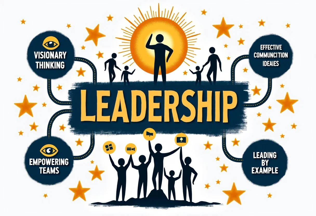A striking and empowering analograffiti illustrating the concept of Leadership, with "LEADERSHIP" boldly displayed at the center in dynamic, authoritative lettering. Branching out are distinct paths, each representing a key quality. "Visionary Thinking" is symbolized by an eye with a light bulb inside, radiating beams of light, representing insight and foresight. "Inspiring Others" is shown with a group of smaller figures following a larger, leading figure, all walking towards a radiant sun. "Effective Communication" features a network of interconnected speech bubbles, illustrating the flow of ideas. "Empowering Teams" is depicted with hands lifting each other, showing support and collaboration. "Leading by Example" is represented by a figure standing tall on a pedestal, shining like a beacon. The overall composition is dynamic and motivational, using strong, contrasting colors like gold, blue, and white to convey authority, inspiration, and positive influence.