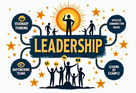 A striking and empowering analograffiti illustrating the concept of Leadership, with "LEADERSHIP" boldly displayed at the center in dynamic, authoritative lettering. Branching out are distinct paths, each representing a key quality. "Visionary Thinking" is symbolized by an eye with a light bulb inside, radiating beams of light, representing insight and foresight. "Inspiring Others" is shown with a group of smaller figures following a larger, leading figure, all walking towards a radiant sun. "Effective Communication" features a network of interconnected speech bubbles, illustrating the flow of ideas. "Empowering Teams" is depicted with hands lifting each other, showing support and collaboration. "Leading by Example" is represented by a figure standing tall on a pedestal, shining like a beacon. The overall composition is dynamic and motivational, using strong, contrasting colors like gold, blue, and white to convey authority, inspiration, and positive influence.