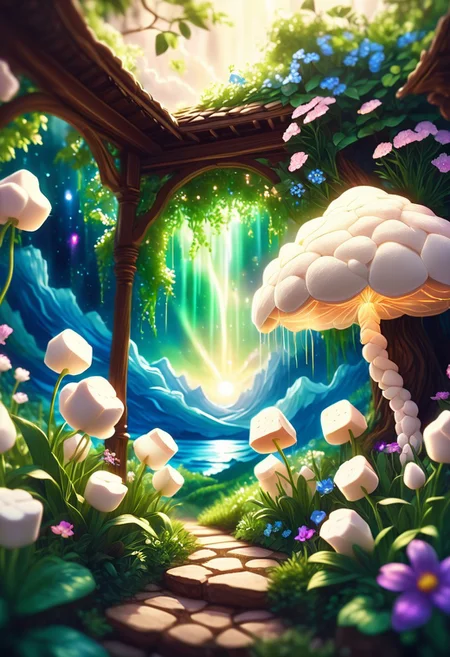 happy marhmallows, silhouette,chibi, ambient light, nature art, hexagonal , with awning embroidery, spring garden, Hurricane, Sketched, mosaic, Sepia filter, organic, detailed, deep rich colors, fine detail, luxury, cinematic, positive emotional