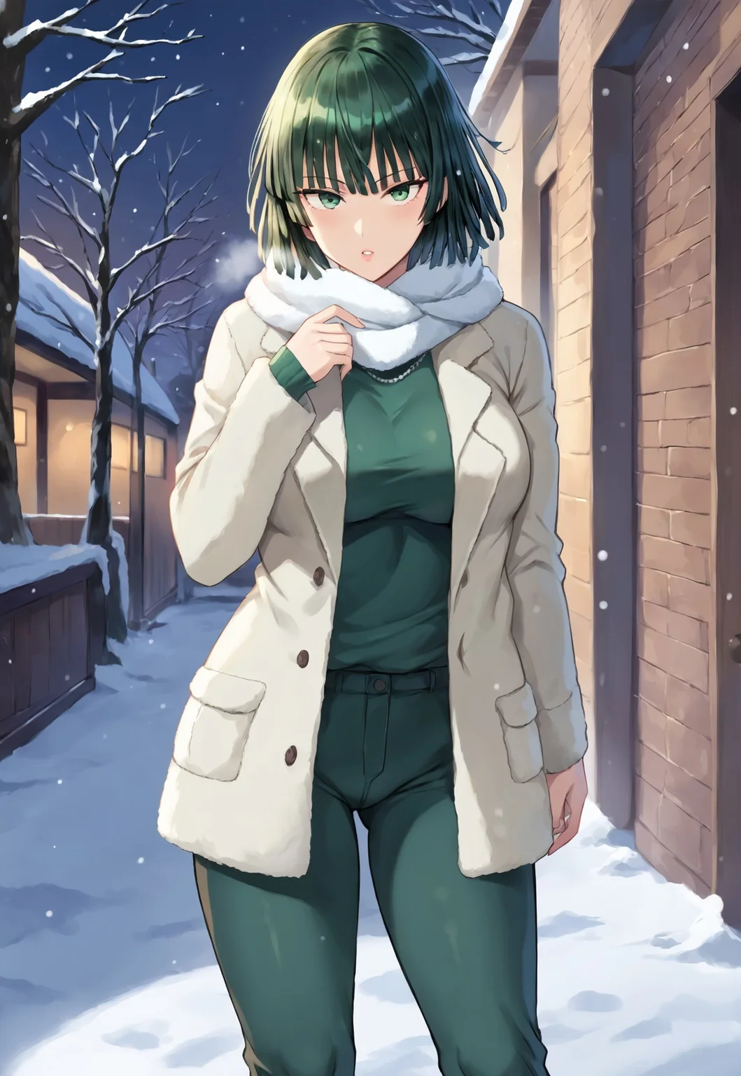 safe_pos, score_9, score_8_up, score_7_up, solo, 1girl, Fubuki_(One-Punch_Man), green_eyes, green_hair, short_hair, blunt_bangs, large_breasts, winter, ((winter_clothes)), scarf, pants, outdoors, steam, brown_clothes,