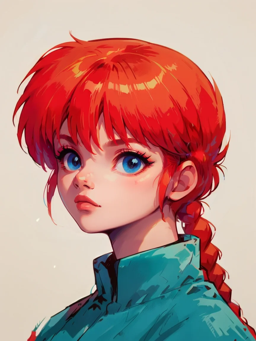 score_9, score_8_up, score_7_up, score_6_up, score_5_up, <lora:coacalinaXLP:1> coacalina, colourful, <lora:RanmaXLP:1> ranma, red hair, 1girl, solo, blue eyes, braided ponytail