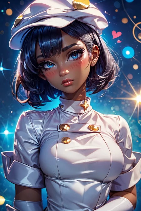 score_9, score_8_up, score_8, medium breasts, (curvy), cute, eyelashes, BREAK, , zzAether, dark skin, white cabbie hat, black hair, white uniform, white pantyhose, white gloves, <lora:Aether_Employee_Pokemon_PDXL_v1:0.8>, BREAK, (ultra realistic,32k, masterpiece:1.2),(high detailed skin:1.1),( high quality:1.1), curvy, head tilt, hearts, blush, lips, closed mouth, curvy, head tilt, shiny clothes, (upper body), looking at viewer, bokeh, luminescent background, embedding:zPDXL, Expressiveh, <lora:RlAnmPDXL:1.0>,