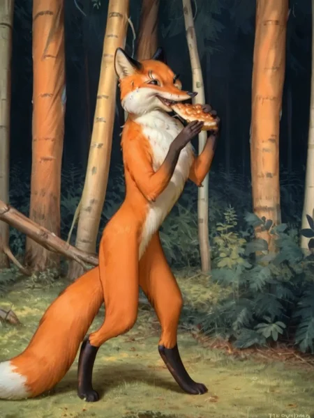 Score_9, score_8_up, scenery, solo 1girl, bipedal fox lisichka, eating lisichka_B, furry fox <lora:Lisichka:0.9>, wild forest, by Greg Rutkowski, highly detailed, masterpiece, extreme detailed, hyperrealistic, masterpiece,