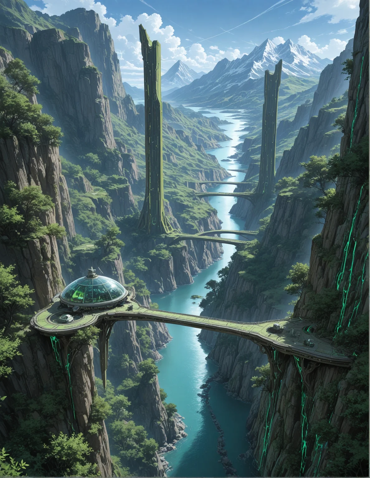 masterpiece, best quality, amazing quality, very aesthetic, perfect eyes, 2boys, boy in background,
,outdoors, sky, day, cloud, water, tree, no_humans, scenery, nature, science_fiction, mountain, fantasy, bridge, river, mountainous_horizon, landscape, spacecraft, cliff,A stunning landscape featuring a winding road bridge over a river, surrounded by lush greenery and towering mountains. The bridge is made of glass and has a green, futuristic design. The river below is calm and reflects the sky above. The sky is clear and blue, with a few clouds scattered across it. The overall atmosphere is breathtaking.