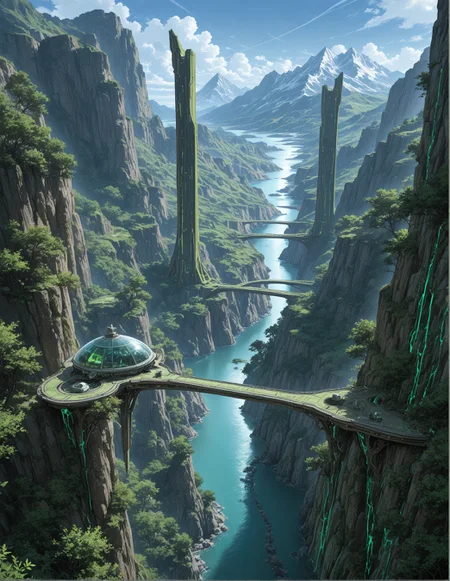 masterpiece, best quality, amazing quality, very aesthetic, perfect eyes, 2boys, boy in background,
,outdoors, sky, day, cloud, water, tree, no_humans, scenery, nature, science_fiction, mountain, fantasy, bridge, river, mountainous_horizon, landscape, spacecraft, cliff,A stunning landscape featuring a winding road bridge over a river, surrounded by lush greenery and towering mountains. The bridge is made of glass and has a green, futuristic design. The river below is calm and reflects the sky above. The sky is clear and blue, with a few clouds scattered across it. The overall atmosphere is breathtaking.
