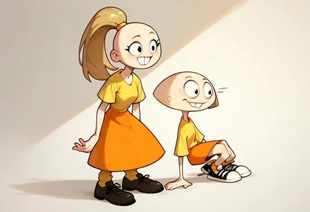 score_9, score_8_up, score_7_up BREAK pegTO, 1girl, bald head, black eyes, yellow hairclip, light brown ponytail, ponytail, buckteeth, bucktooth, no jaw, no lower jaw, half head, jawless, yellow longsleeved shirt, orange skirt, yellow socks, white black shoes,