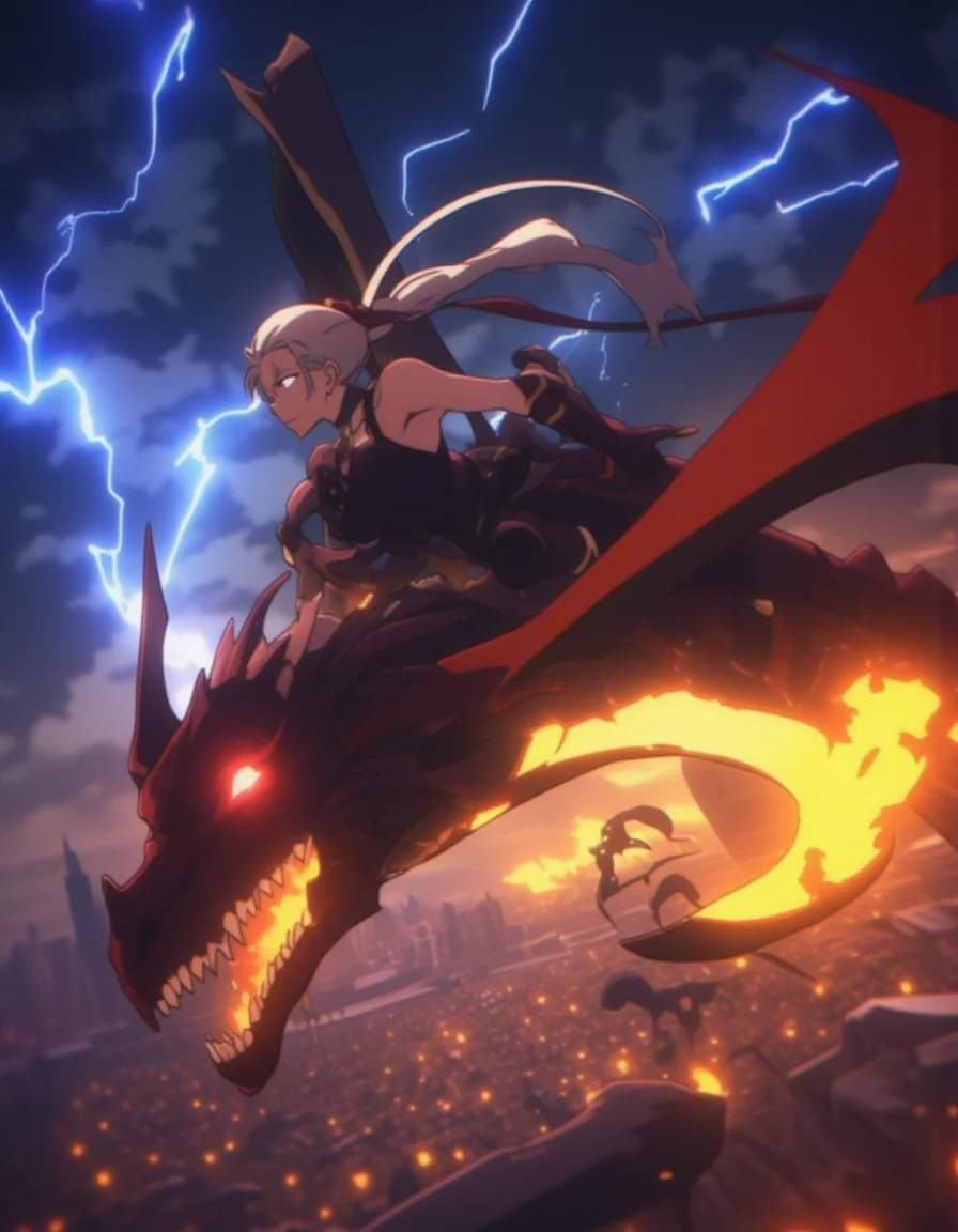 <lora:Solo_by_Readandsign_rank8_bf16:1>High-resolution anime-style illustration with expressive brushstrokes, cinematic lighting, and epic fantasy atmosphere. A fierce warrior woman clings tightly to the glowing scales of a massive dragon as they soar through a storm-ridden sky, lightning crackling around them. Her long, platinum-blonde hair is tied into an intricate braid, strands whipping wildly in the wind as her piercing sapphire eyes focus ahead with unshaken determination. She wears a sleek, dark crimson leather corset with golden embroidery, form-fitting battle pants, and knee-high armored boots, the fabric and metal catching the flickering stormlight. One gloved hand grips the dragonâs reins, while the other clutches a curved enchanted blade, its edge glowing with runes that pulse in sync with the storm. Below them, an army of airborne foes rides shadowy wyverns, their silhouettes barely visible against the swirling storm clouds and the shattered remains of a floating fortress. The dragon powerful wings carve through the sky, leaving glowing embers in their wake as its roaring flames illuminate the battlefield. Dynamic lighting blends deep indigo clouds with brilliant flashes of gold and crimson, creating a breathtaking, high-energy composition