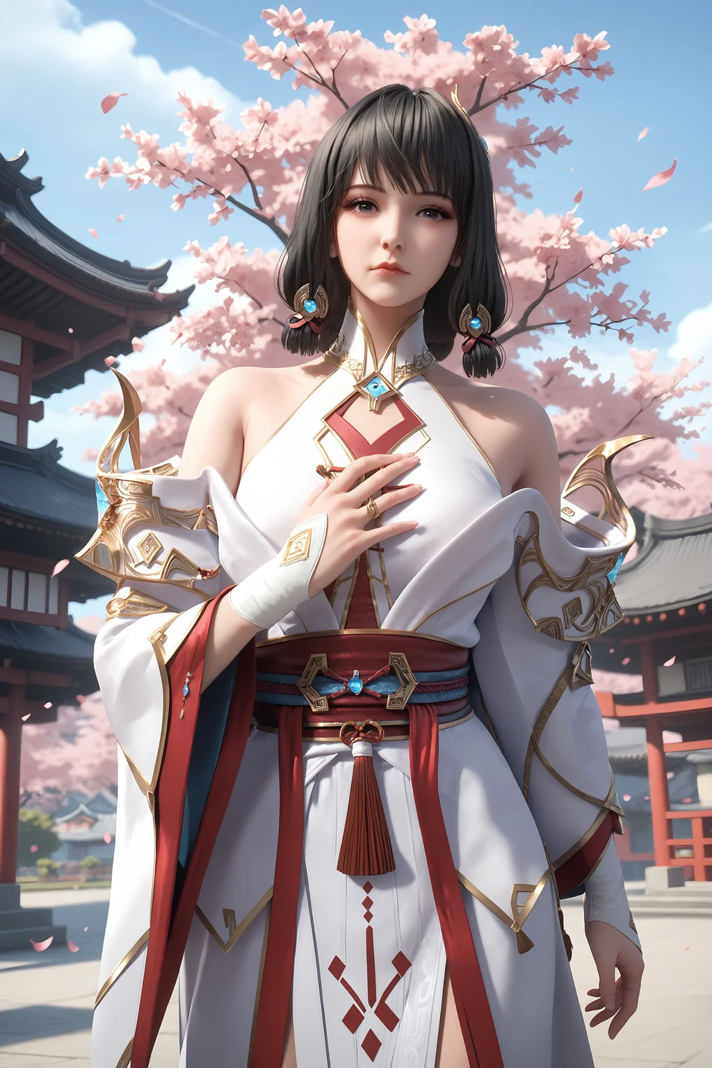 score_9, score_8_up, score_8, source_real,real skin, rating_explicit, mature female, ExpresiveH, best quality, unreal engine,game,cg, very aesthetic, CG, masterpiece, ultra high res, highres, More Details, high rating,Intricate and refined delicate details, looking at viewer,
<lora:age_slider_v4:4>,
<lora:yunluo:1>, 1girl, solo, black hair, hair ornament, bare shoulders, sash, closed mouth, blue sky, sky, outdoors, east asian architecture, Cherry blossom, tree, hand on own chest,