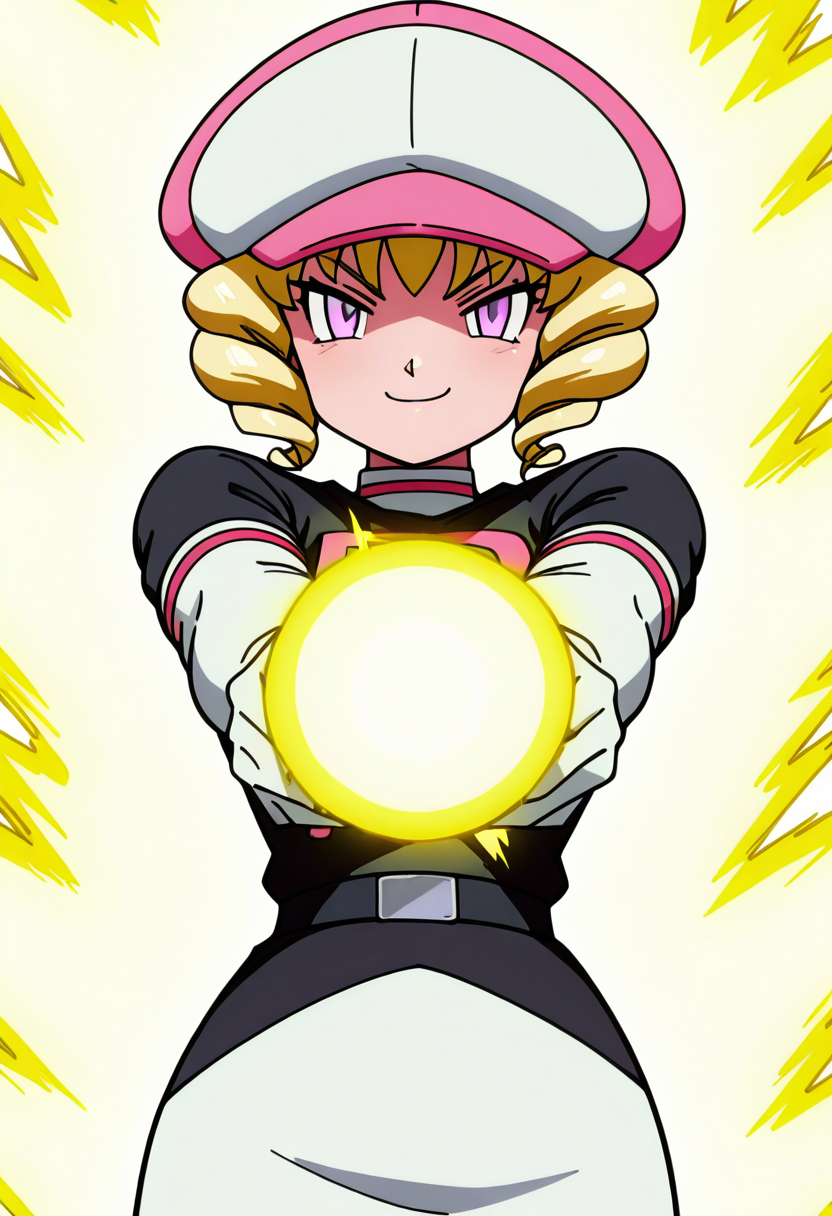 masterpiece, best quality, 1girl, solo, looking at viewer, smile,    zzDomino, purple eyes, blonde hair, drill hair, short hair,   white gloves, white hat, pink hat, white skirt, team rocket uniform,   <lora:DominoPokemon_IXL_v2:1.0>,,vivid aura, looking at viewer, blue background, smug, aura, super saiyan, charging energy, energy ball, energy, lightning, <lora:DBSBroly_Style_IXL_v2:0.6>,