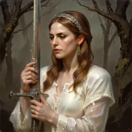 Dark-Fantasy-Cardd-V.2.0 style dark fantasy oil painting with detailed eyes that features a woman, an embodiment of grace and divinity, holds a long, gleaming sword horizontally across her open hands, its blade radiating with an inner silver glow that contrasts with the warm tones of her golden skin. She wears a delicate, flowing white gown that appears almost translucent, cascading around her like a wisp of mist, with edges blending into the faint fog surrounding her form. The fabric shimmers faintly, catching glimmers of gold and soft blues from the ambient lighting, adding depth to the folds and texture of her attire. Her face is calm, illuminated by a celestial light emanating from above, highlighting her closed eyes and giving her an expression of peace and solemnity. Her golden-blonde hair flows over her shoulders, woven with a faint, pearlescent sheen, and crowned by an intricate, filigreed circlet of silver that sparkles subtly, catching the dim forest light. The circlet is adorned with tiny jewels of emerald and sapphire, enhancing the regal yet mystical aura surrounding her.