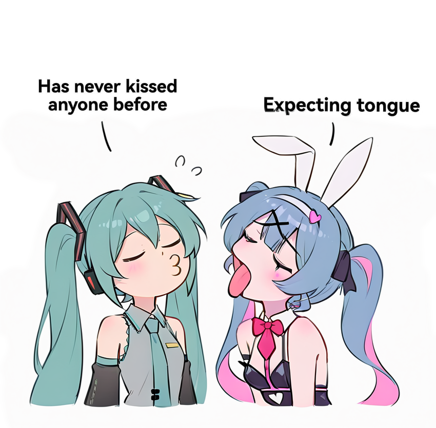 masterpiece, best quality, absurdres, 2girls, simple background, upper body, closed eyes, white background, 
BREAK
hatsune miku, detached sleeves, grey shirt, necktie, puckered lips, open mouth, o3o
BREAK
hatsune miku, rabbit hole \(vocaloid\), playboy bunny, tongue, tongue out,
<lora:notyet_kiss_vs_expecting_a_kiss_with_tongue-10 (1):1>