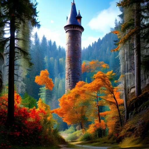 realistic analog photo, award winning photo, vary wide shot of stone witow tower:1.3, no humans, scenery, blue sky, auwo, in a autumn forest, dirt road, lush grassland, Wildflowers, nature, outdoors, RAW, highres, 8k, uhd, High Dynamic Range, tonemapping, crisp details,