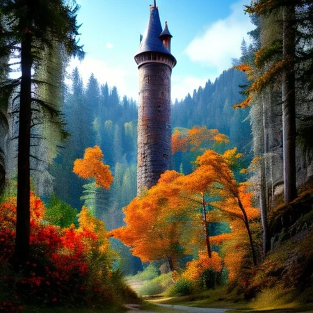 realistic analog photo, award winning photo, vary wide shot of stone witow tower:1.3, no humans, scenery, blue sky, auwo, in a autumn forest, dirt road, lush grassland, Wildflowers, nature, outdoors, RAW, highres, 8k, uhd, High Dynamic Range, tonemapping, crisp details,