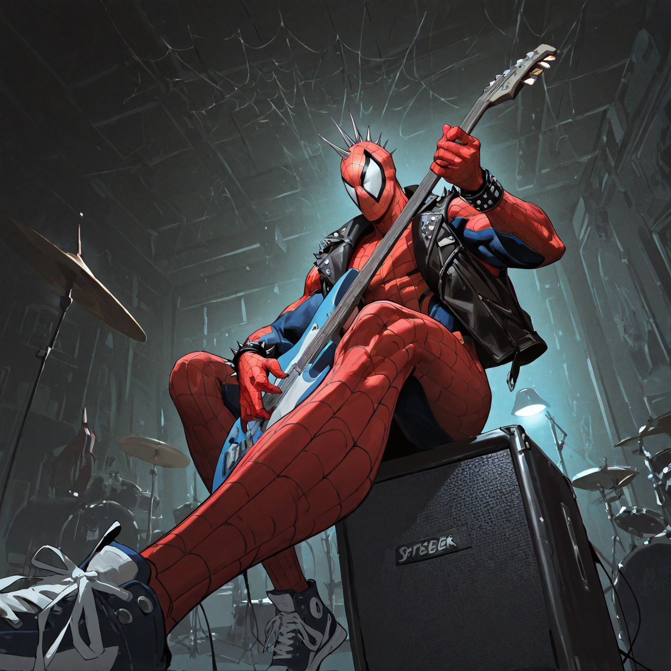 <lora:SPIDERPUNK:1>spiderpunk, solo, looking at viewer, 1boy, holding, jewelry, sitting, jacket, male focus, horns, vest, bracelet, muscular, mask, bodysuit, sneakers, instrument, spikes, guitar, holding instrument, leather, spiked bracelet, electric guitar, superhero, red bodysuit, leather jacket, silk, spider web, drum, spider web print, bass guitar, two-tone bodysuit, drum set, studded bracelet, amplifier, western comics (style), blue eyes, lamp, playing instrument,  dynamic perspective, night, detailed background, motion blur, film grain, abstract, natural lighting, fantasy, cinematic, dynamic view, very awa, masterpiece, best quality, absurdres, newest, perfect quality, detailed background, intricate details, (artist:fl \(l-fl\):0.7), (artist:tooboshoo:0.7), (artist:dizdoodz:0.8)    <lora:bulge:1> bulge