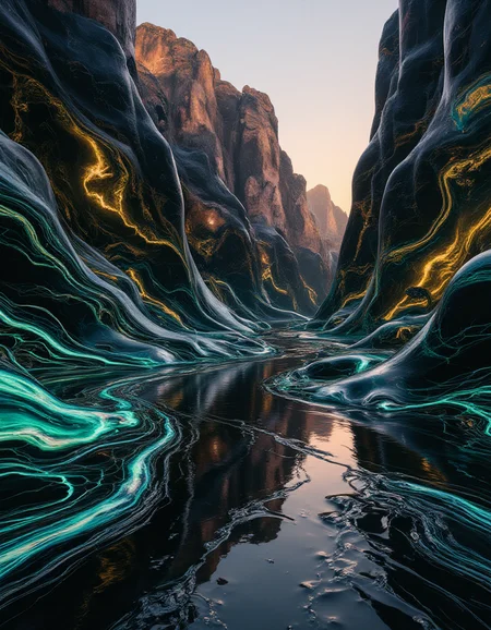 A deep canyon lit by the last rays of twilight, with its walls carved from liquid marble. Waves of iridescent cobalt blue, emerald green, and shimmering gold pulse across the surface of the canyon walls, reflecting the fading light in glossy perfection. A mirror-like marble river flows through the canyon, its surface rippling with dynamic energy. The scene is alive with light and motion, as if the canyon itself is breathing.
<lora:ral-lqdmrbls-flux_000004000:1>