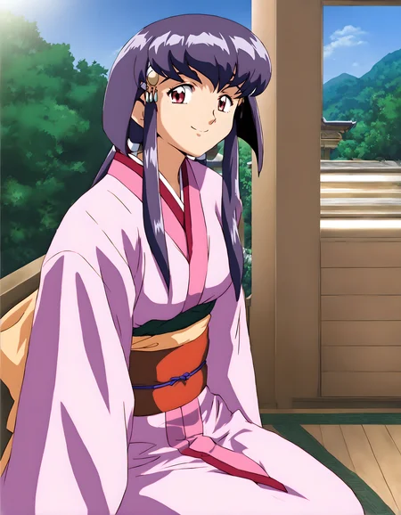 <lora:pony_xl_ayeka>,ayeka,1girl,best quality,masterpiece,super fine illustration,japanese clothes,kimono,sash,day,indoor,japanese-style rooms,japanese garden,sitting,wariza,smile,kind_smile,closed_mouth,