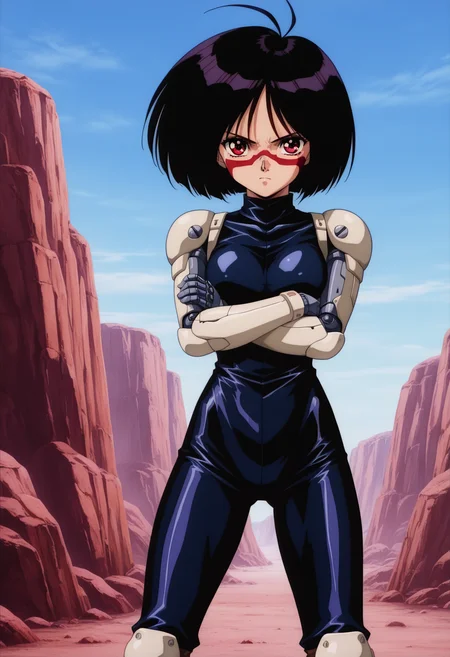 masterpiece, best quality,  absurdres, highres, cinematic light, 1girl, solo, <lora:gally-Illustrious:1>gally_wz, short hair, bob cut, black hair, red eyes, antenna hair, mechanical arms, mechanical hands, brown boots, knee pads, cyborg, 1990s \(style\), retro artstyle, red facepaint, serious,  standing, cowboy shot, shiny clothes, crossed arms, looking at viewer, outdoors, blue sky,  <lora:anime_screencap-Illustrious_1064755:1> anime screencap, anime coloring