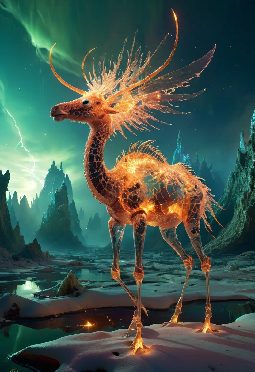 white desert oasis, salty earth, hyper detailed, rusty, striking, animalistic, bite-sized, by Floris van Schooten and by richard avedon, famous artwork inspired by (beeple:1.3) and (cliff nielsen:1.4), crystalline, fractal art, fantasy style, this peculiar life form, the "inquisitive plerkblortz" hides in the gnarling dense crystal jungles of the puffalorpled exoplanet "gazorpazorp secundus", covered in a metallic exoskeleton it ambushes its prey with (long crystalline appendages:1.4), dark, shadows, black, shadow hues, highly artistic, highly painterly, harmonic colors, expressive, ultimate aesthetic level, visible brushstrokes, masterclass artistry, vibrant energy, apocalyptic mood, atmospheric haze and dense fog, strong winds, highly aesthetic, otherworldly, limited palette, faded colors, washed out colors, extremely dark, extremely low key lighting, dark shadows, perfect composition, full panoramic shot translucent, transparent, glowneon, glowing, sparks, lightning