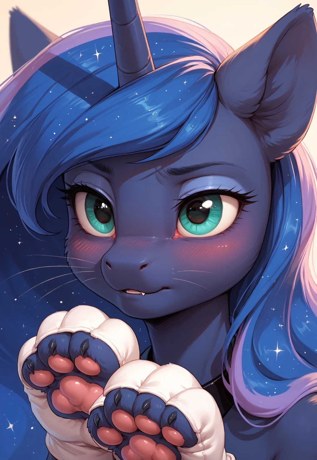 score_9, score_8_up, score_7_up, solo. pony, mare, zPDXL3, imp4ct_style, Princess Luna_(mlp), close_up, face_focus, :3, blushing, wearing_cat_ears, cat's_whiskers, wearing_cat_paws, cat_paws_gloves, hoofs_near_face, anthro