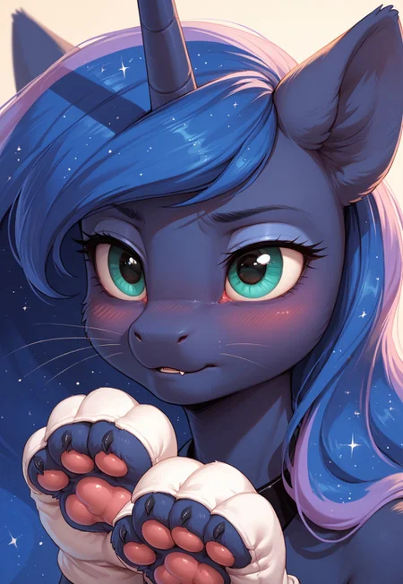 score_9, score_8_up, score_7_up, solo. pony, mare, zPDXL3, imp4ct_style, Princess Luna_(mlp), close_up, face_focus, :3, blushing, wearing_cat_ears, cat's_whiskers, wearing_cat_paws, cat_paws_gloves, hoofs_near_face, anthro